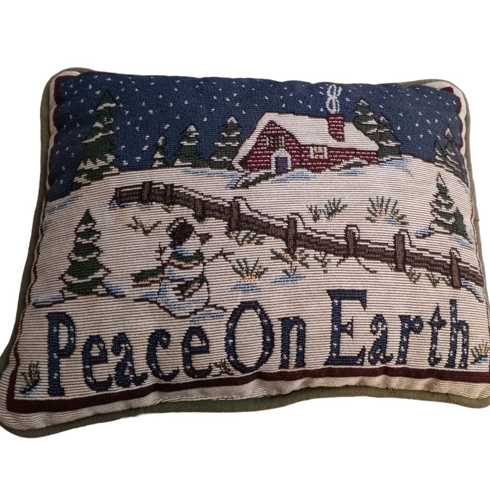 Vtg Christmas Peace on Earth Cabin Snow Needlepoint Decor Throw Pillow 12.5"x10" - Picture 2 of 4